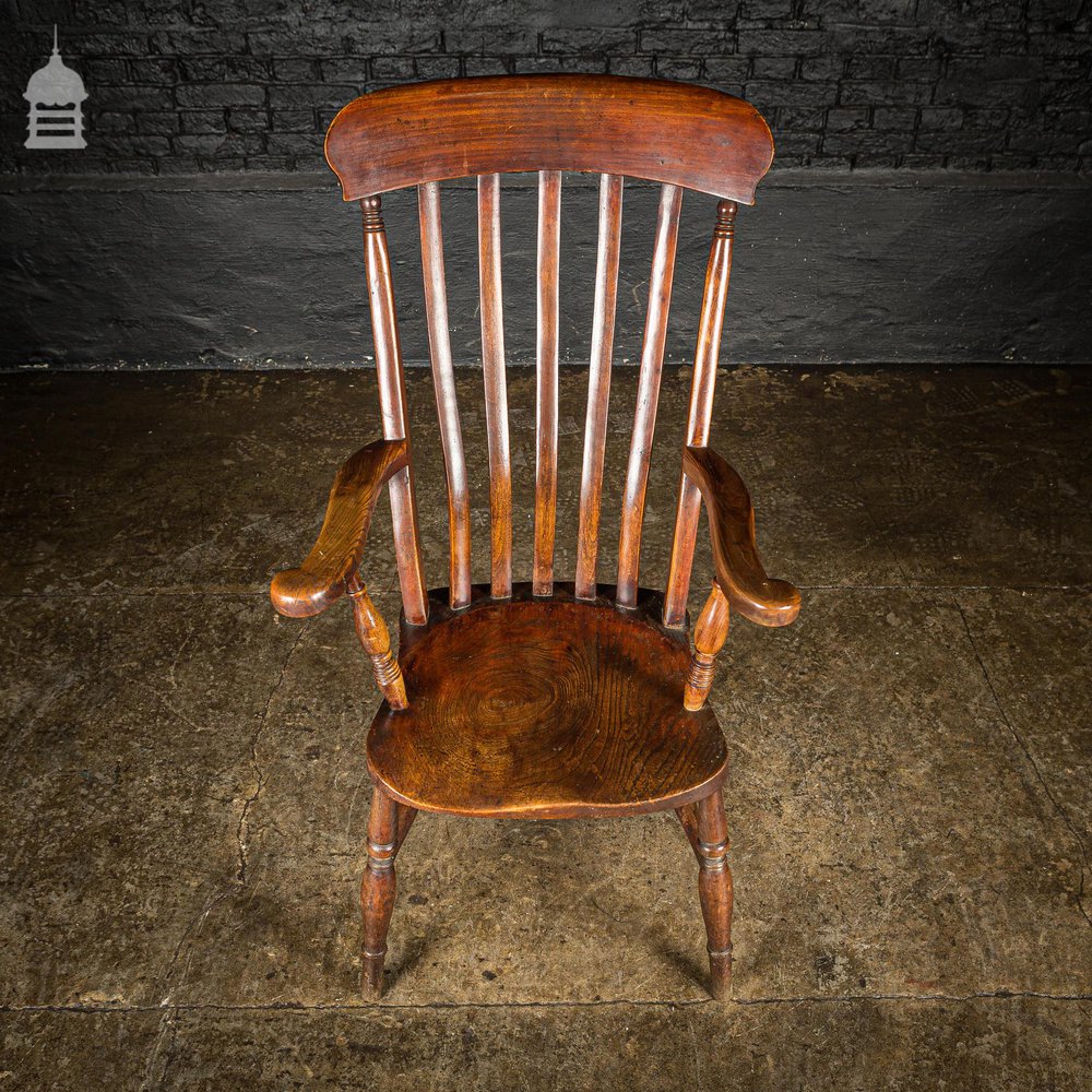 19th C Lath Back Windsor Armchair With H Stretcher and Turned Arm Supports