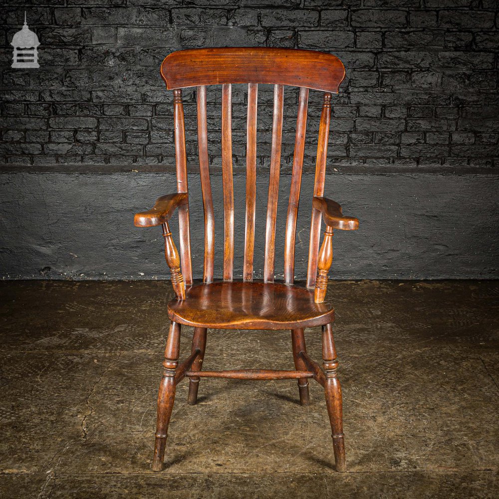 19th C Lath Back Windsor Armchair With H Stretcher and Turned Arm Supports