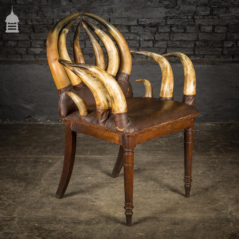 19th C Longhorn Steer Throne Chair with Turned Oak Legs