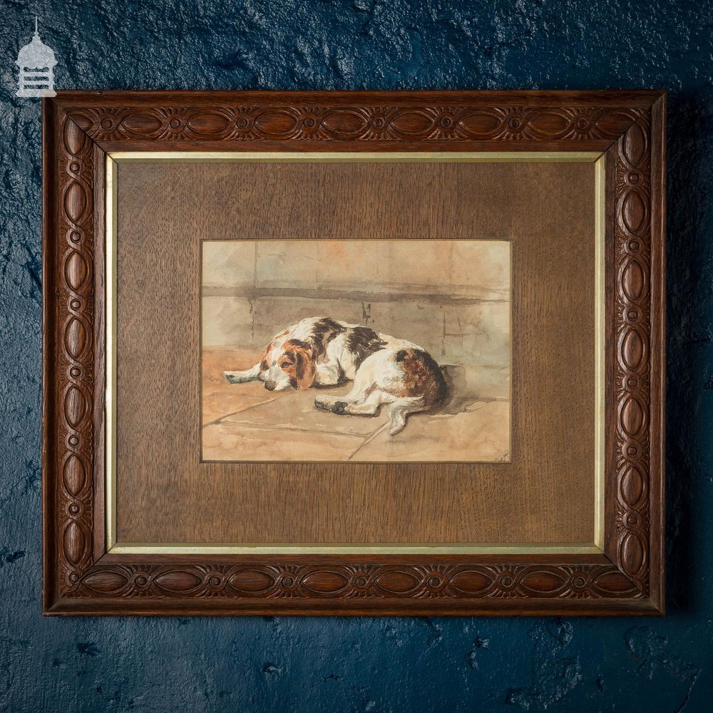 Edwardian Watercolour of a Spaniel in Oak Frame