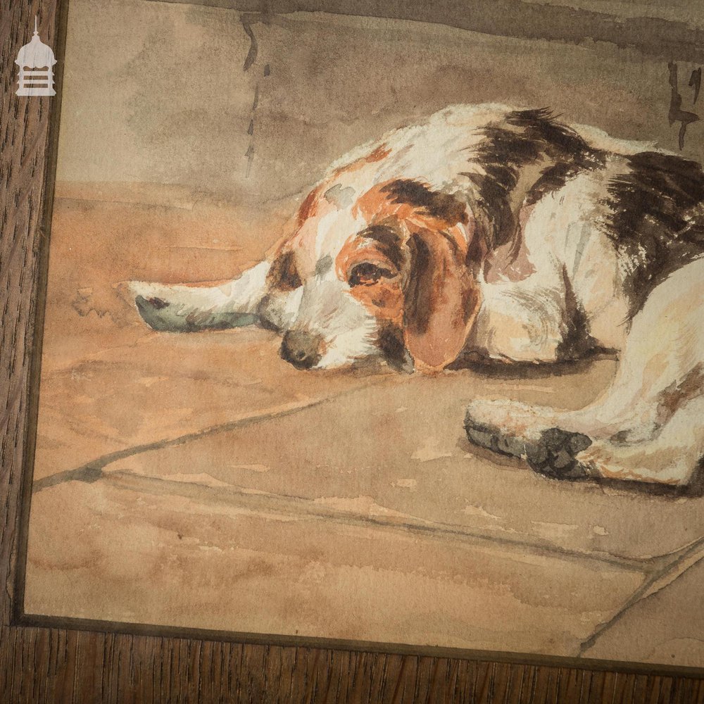 Edwardian Watercolour of a Spaniel in Oak Frame