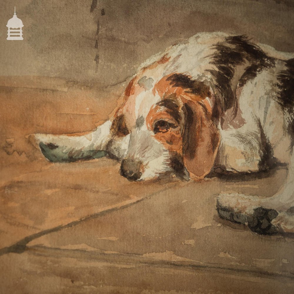 Edwardian Watercolour of a Spaniel in Oak Frame