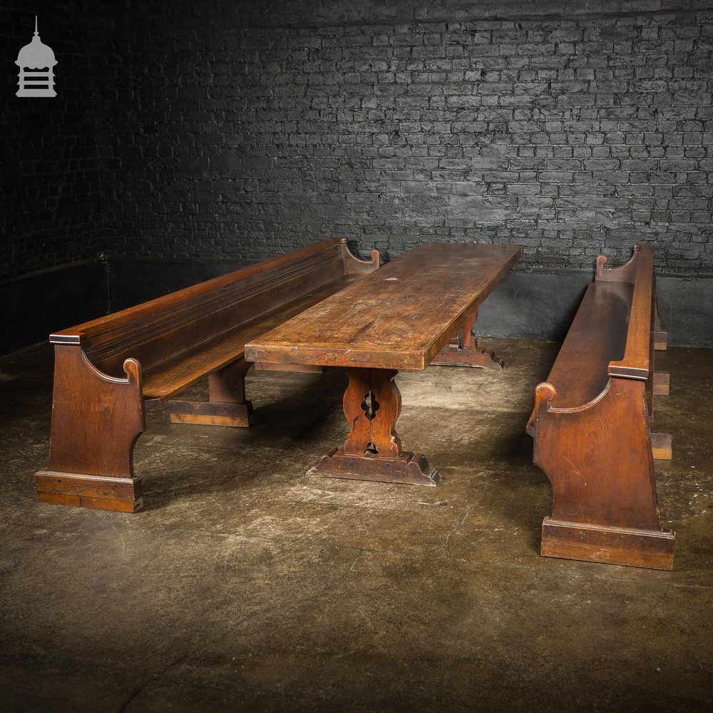 19th C Single Plank Walnut Banquet Table with Long Oak Pew Settles