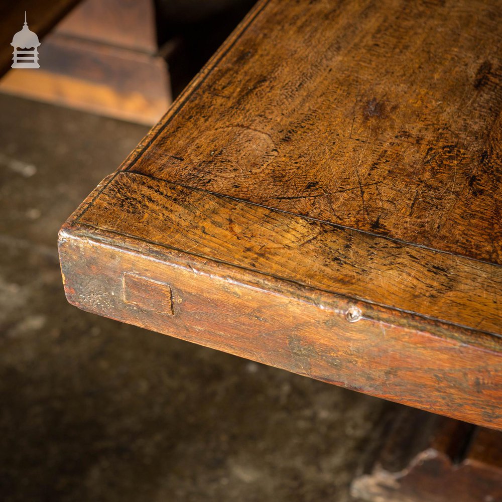 19th C Single Plank Walnut Banquet Table with Long Oak Pew Settles