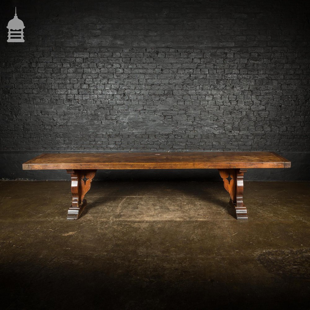 19th C Single Plank Walnut Banquet Table with Long Oak Pew Settles