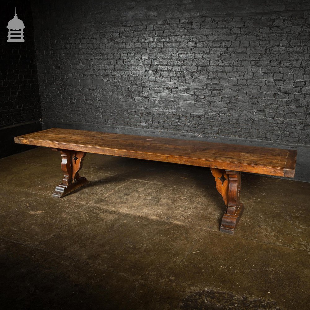 19th C Single Plank Walnut Banquet Table with Long Oak Pew Settles