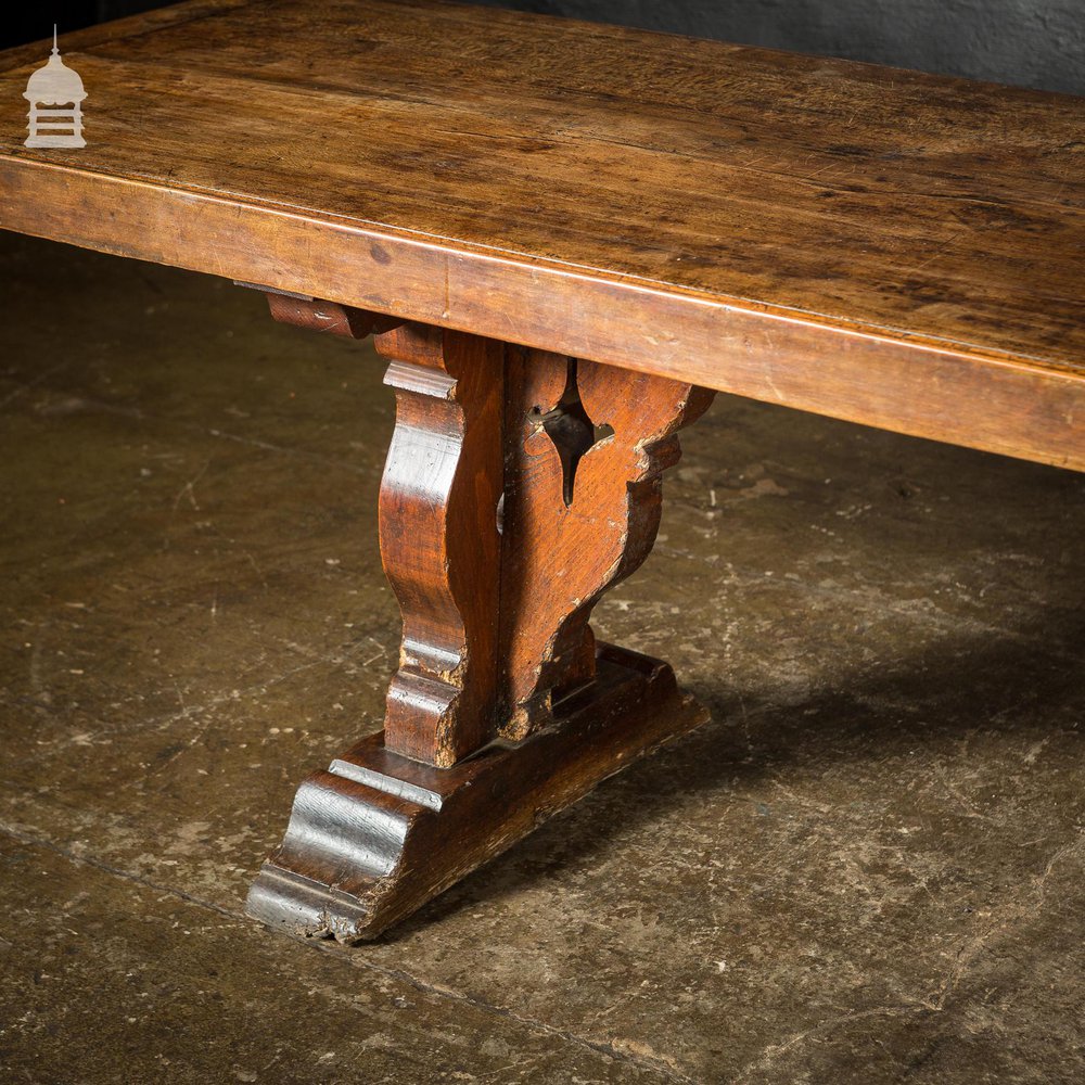 19th C Single Plank Walnut Banquet Table with Long Oak Pew Settles