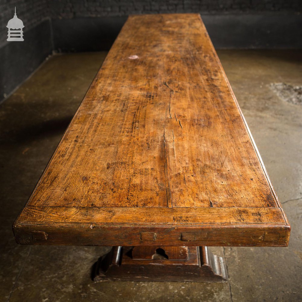 19th C Single Plank Walnut Banquet Table with Long Oak Pew Settles