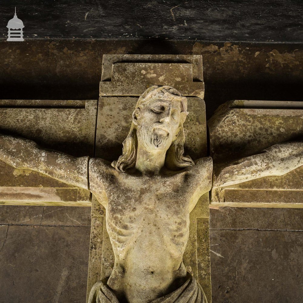 A Life-Sized Jesus On The Cross on a Huge 14ft x 6ft Crucifix Carved In Stone