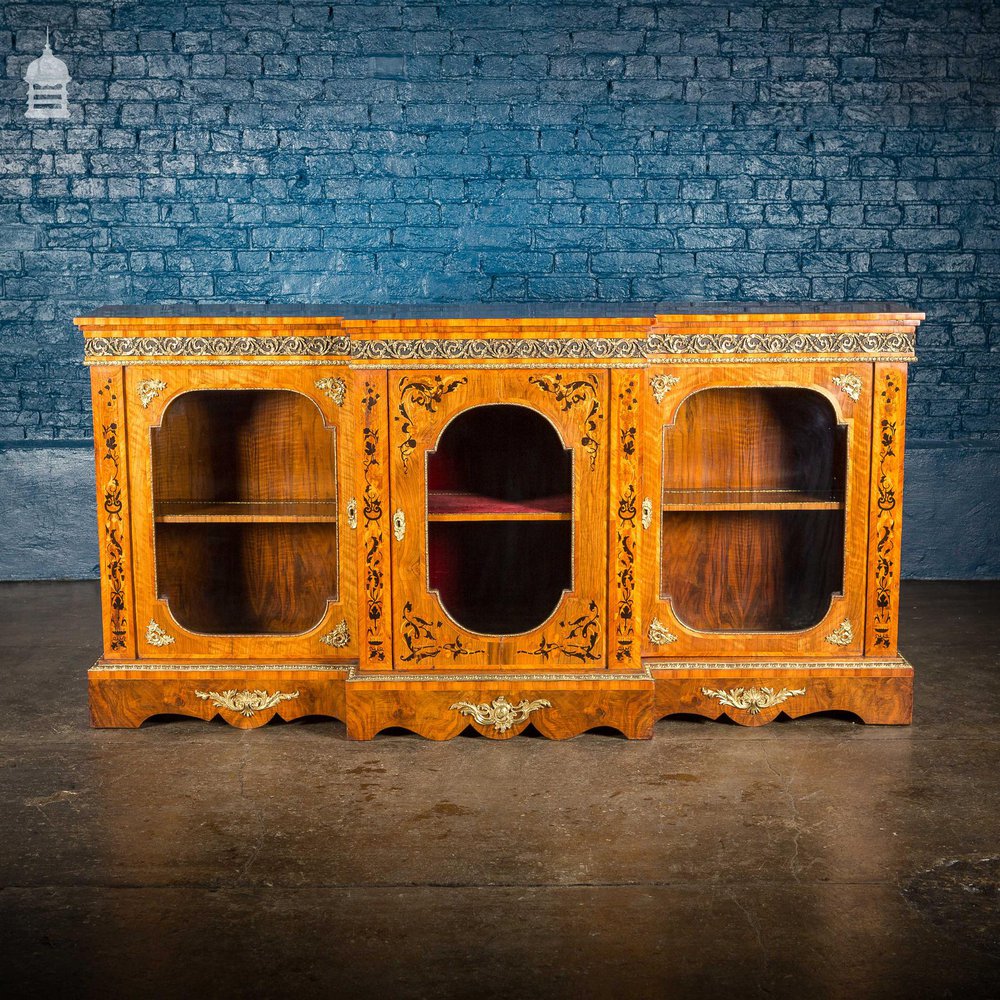 19th C French Empire Walnut Credenza with Intricate Marquetry and Brass Reliefs