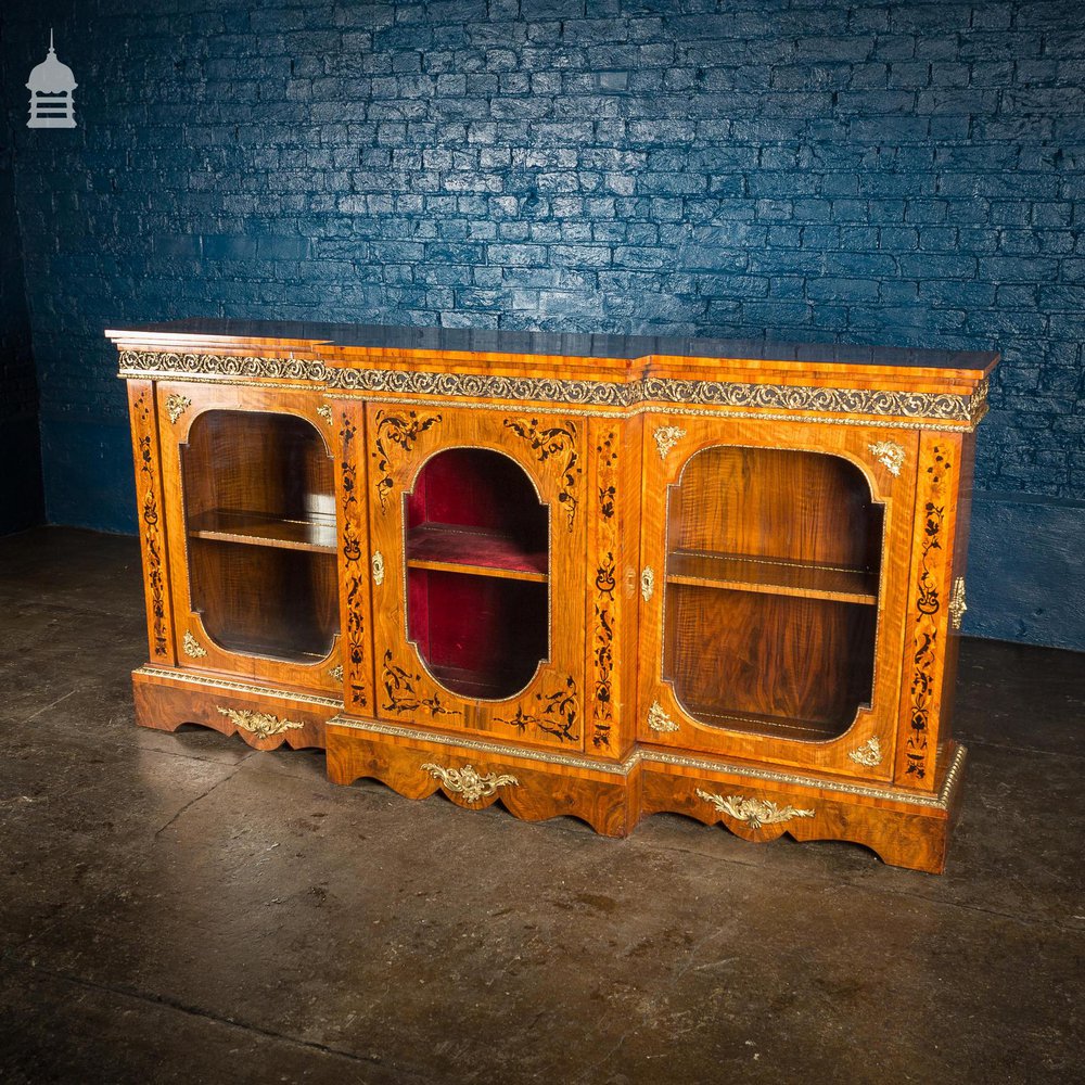 19th C French Empire Walnut Credenza with Intricate Marquetry and Brass Reliefs