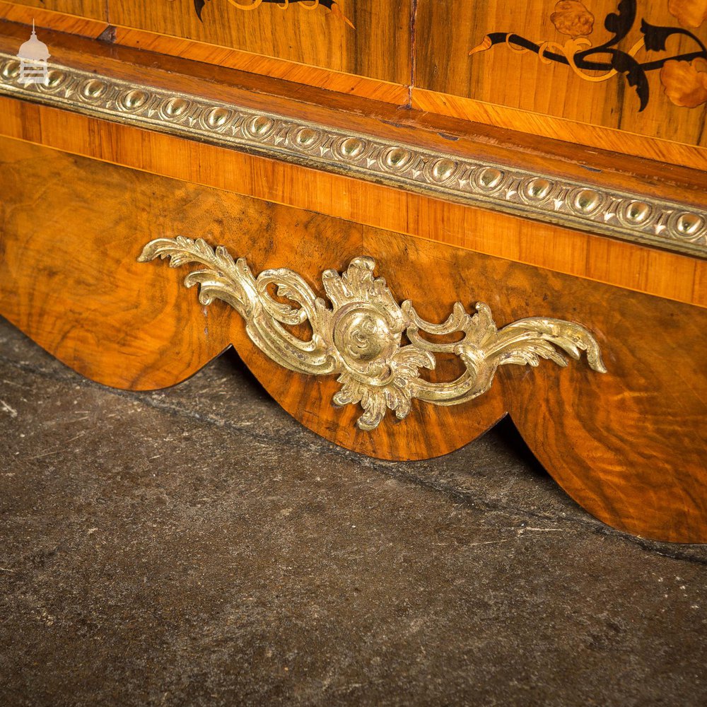 19th C French Empire Walnut Credenza with Intricate Marquetry and Brass Reliefs