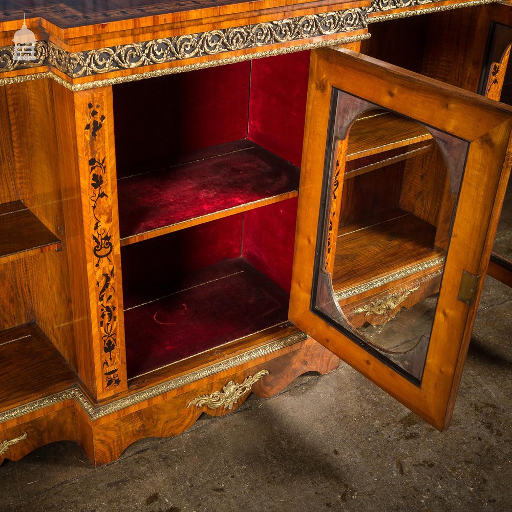 19th C French Empire Walnut Credenza with Intricate Marquetry and Brass Reliefs