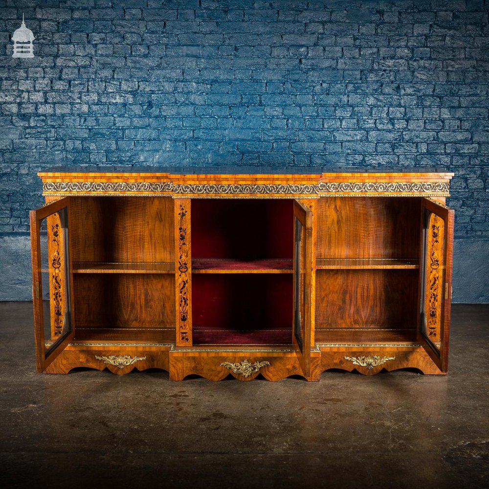 19th C French Empire Walnut Credenza with Intricate Marquetry and Brass Reliefs