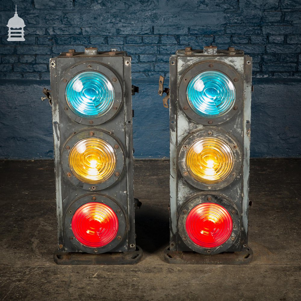 Pair of Vintage Three-Aspect Colour-Light Railway Signals by Westinghouse Brake & Signal Co Ltd.