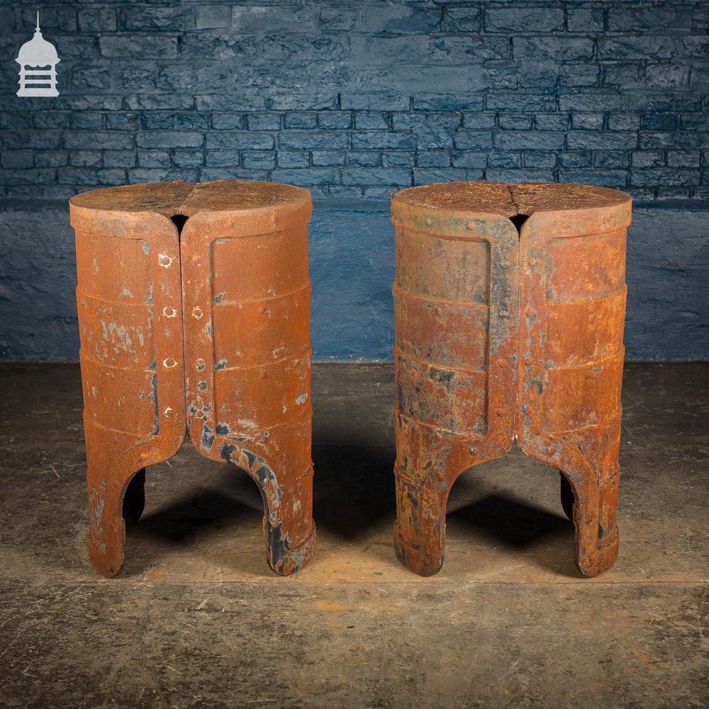 Pair of Riveted Cylindrical Cast Iron Industrial Bases