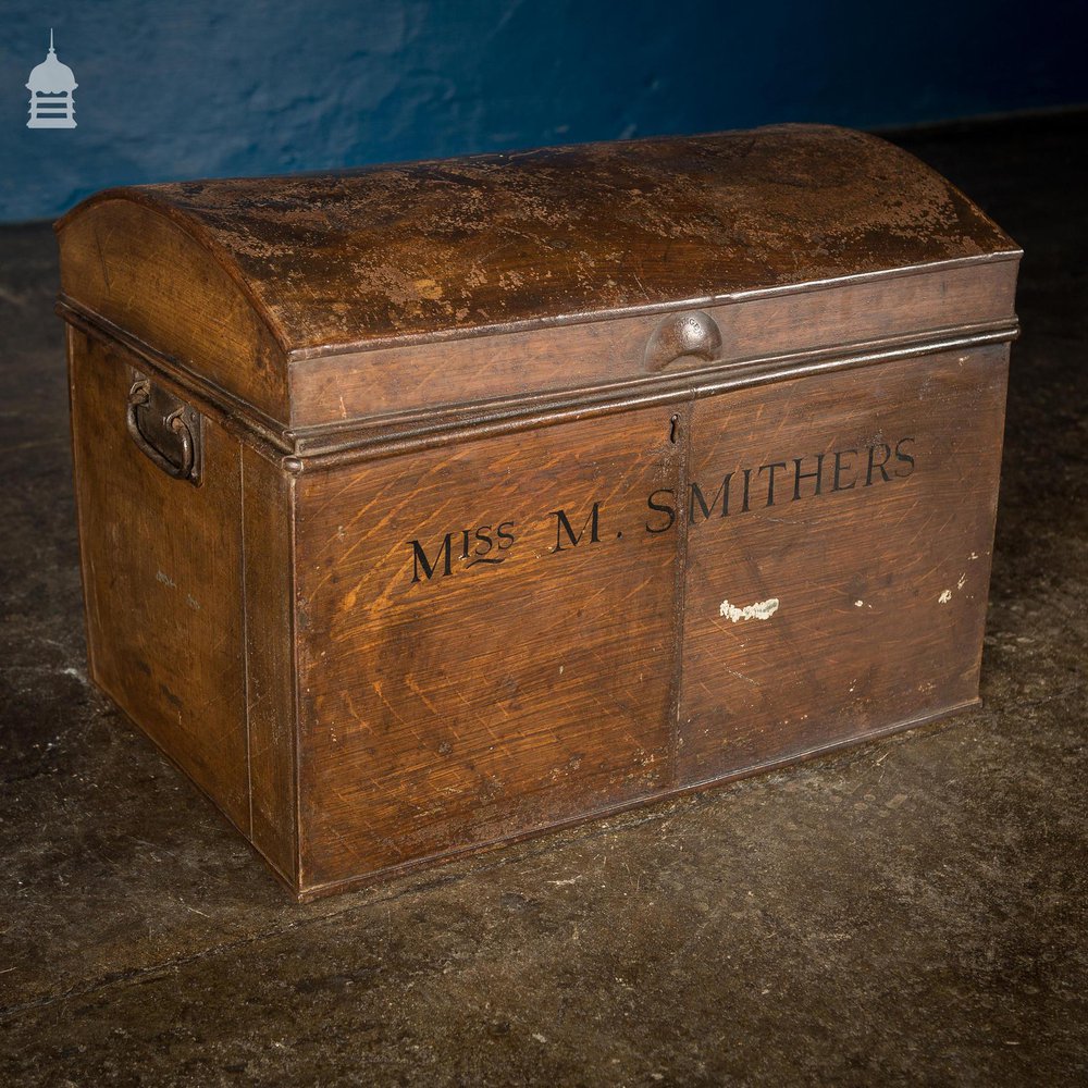 19th C Tin Dome Top Deeds Chest Miss M Smithers