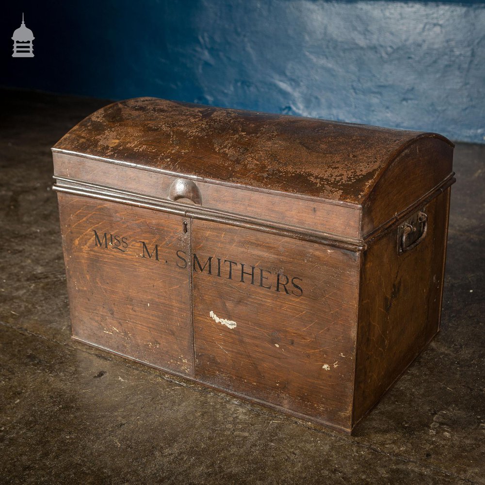 19th C Tin Dome Top Deeds Chest Miss M Smithers