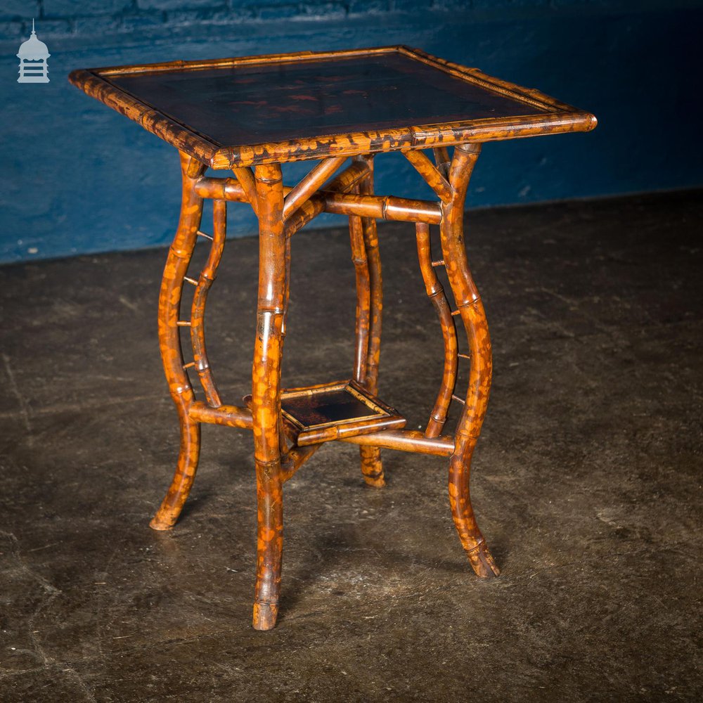 Rare Victorian Swan Leg Bamboo Table with Inlaid Marquetry Top