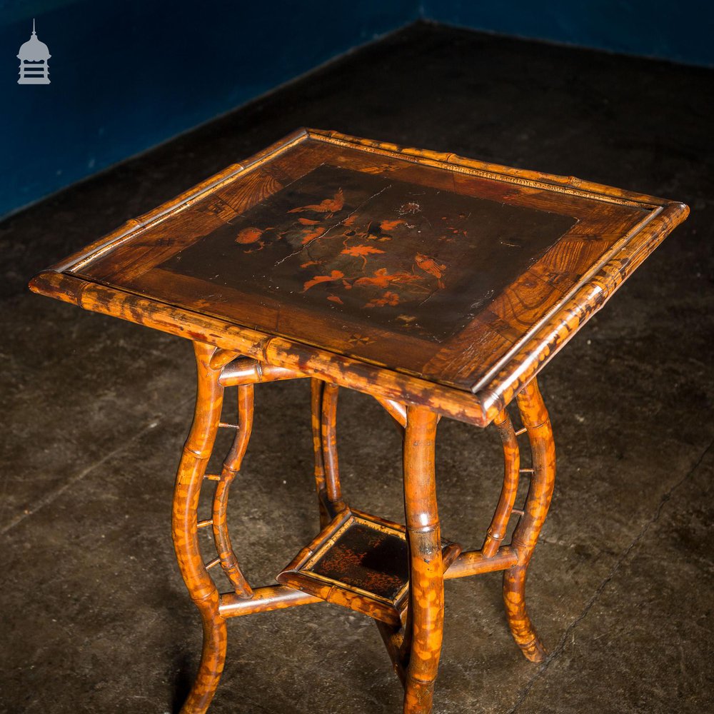 Rare Victorian Swan Leg Bamboo Table with Inlaid Marquetry Top