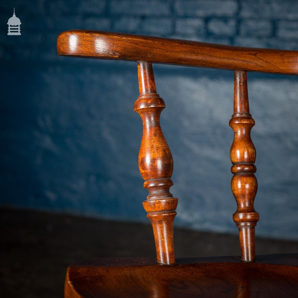 19th C Elm Captain’s Bow Seat Smokers Chair with Turned Arm Supports and Double H Stretcher