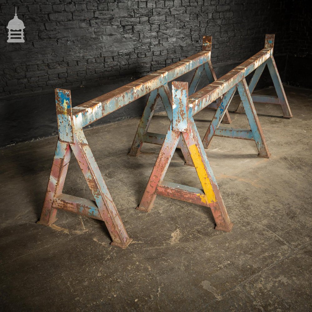 Pair of Huge Industrial Monster A Frame Workshop Trestles with Distressed Finish