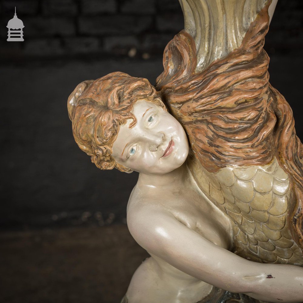 Early 20thC Hand Painted Terracota Pedestal With Whimsical Figure and Dolphin