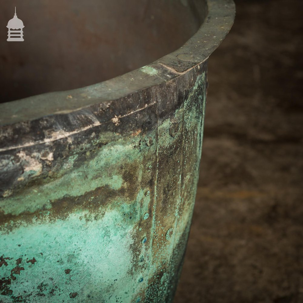 Large 19th C Riveted Verdigris 25 inch Copper Copper Cauldron