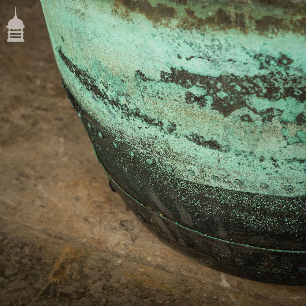 Large 19th C Riveted Verdigris 25 inch Copper Copper Cauldron