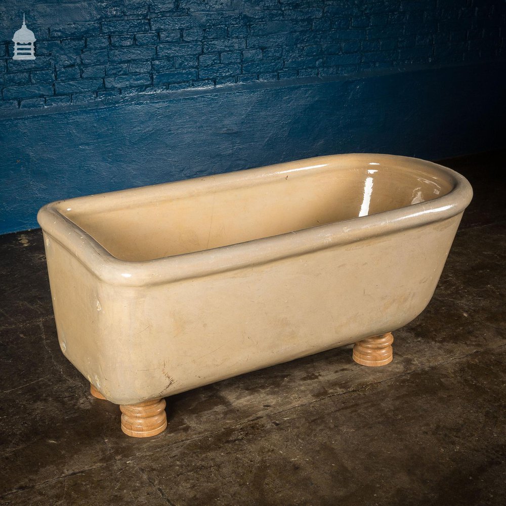 Victorian Small Size Cane Glazed Ceramic Bath & Hardwood Turned Feet