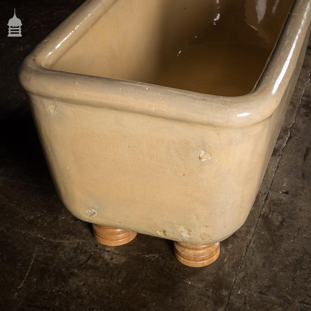 Victorian Small Size Cane Glazed Ceramic Bath & Hardwood Turned Feet