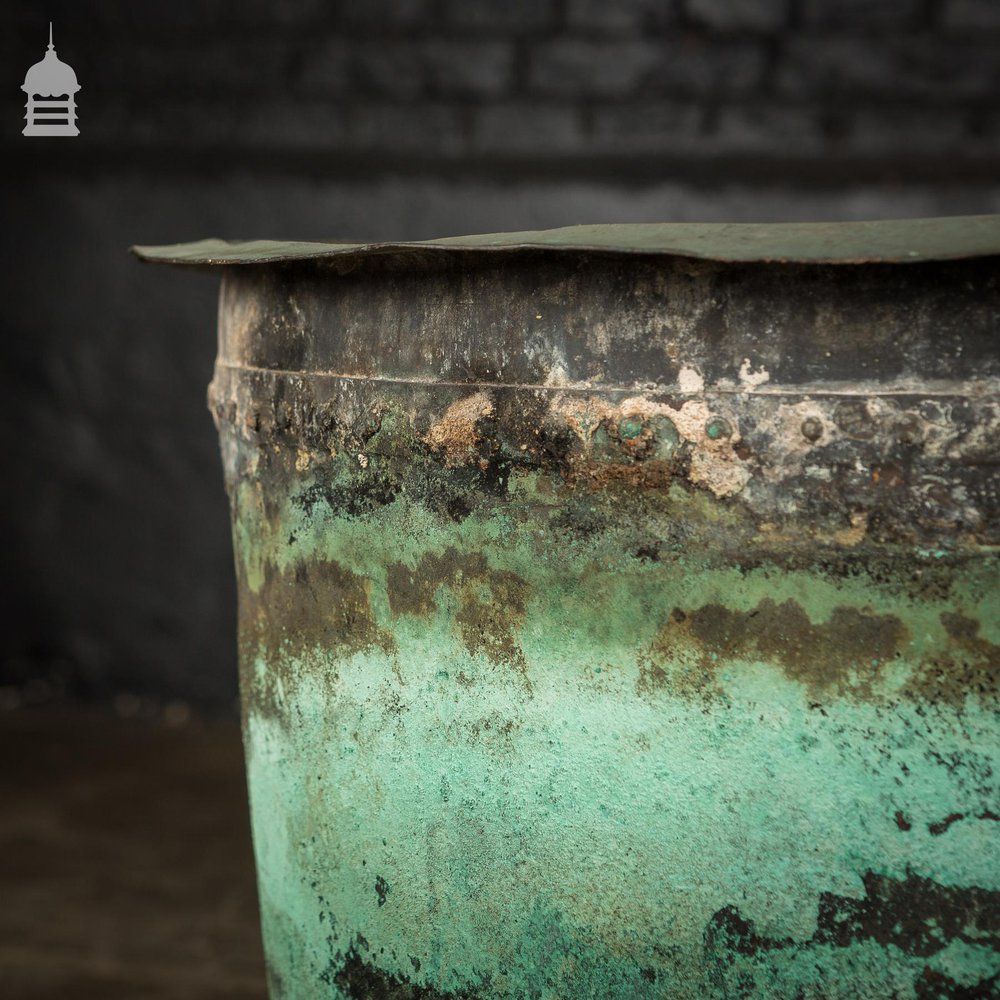 Large 19th C Riveted Verdigris 25 inch Copper Copper Cauldron