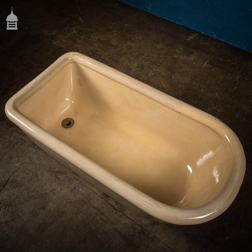 Victorian Small Size Cane Glazed Ceramic Bath & Hardwood Turned Feet