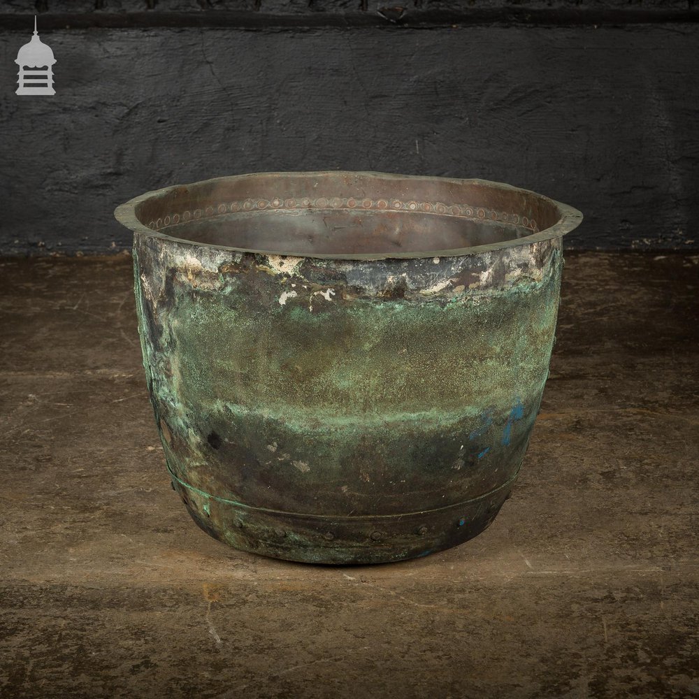 Large 19th C Riveted Verdigris 25 inch Copper Copper Cauldron