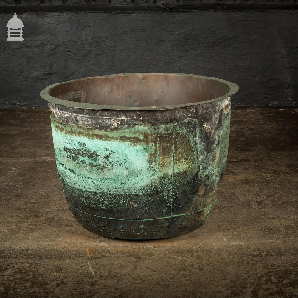 Large 19th C Riveted Verdigris 25 inch Copper Copper Cauldron