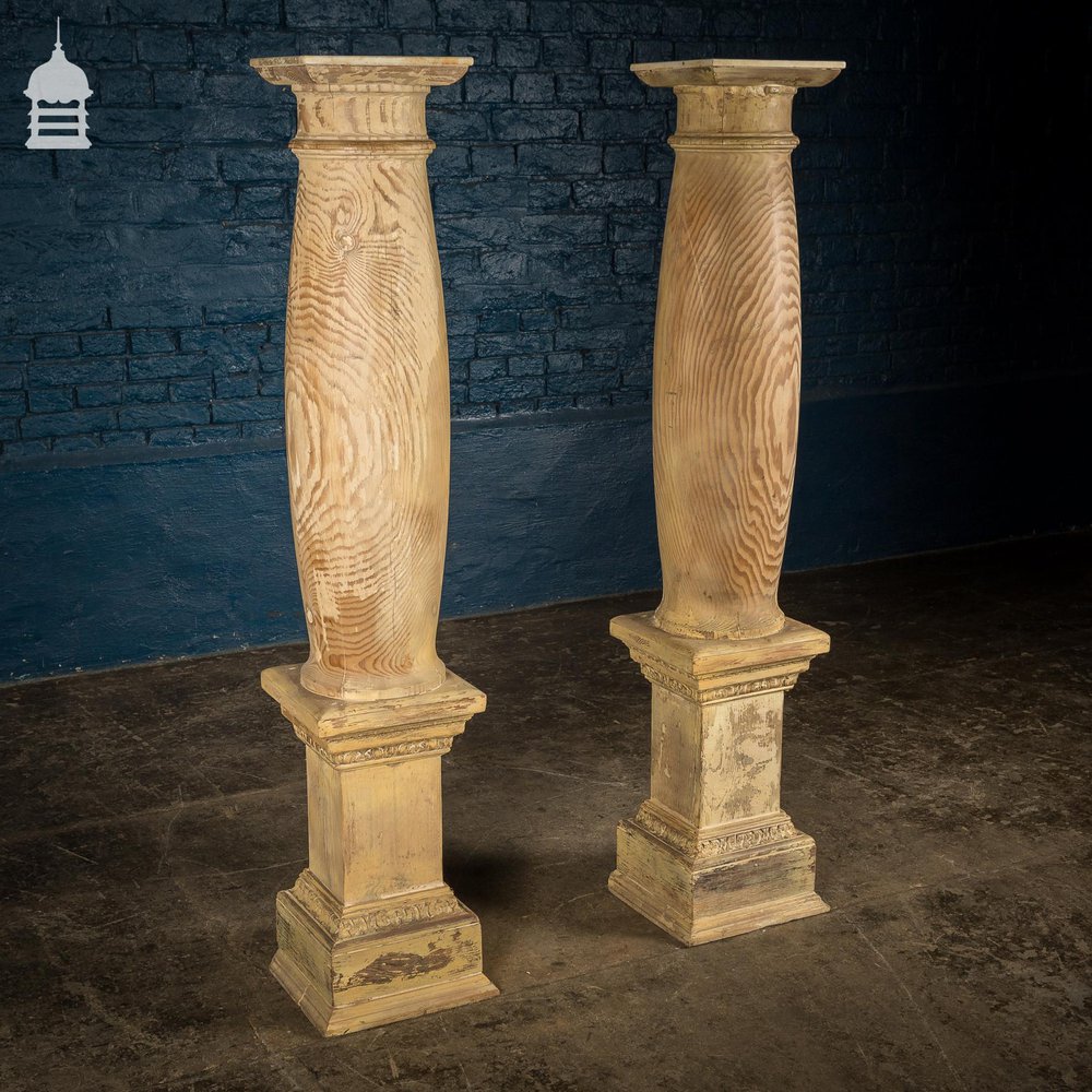 Pair of Marble Topped Pitch Pine Columns Made from Reclaimed Materials