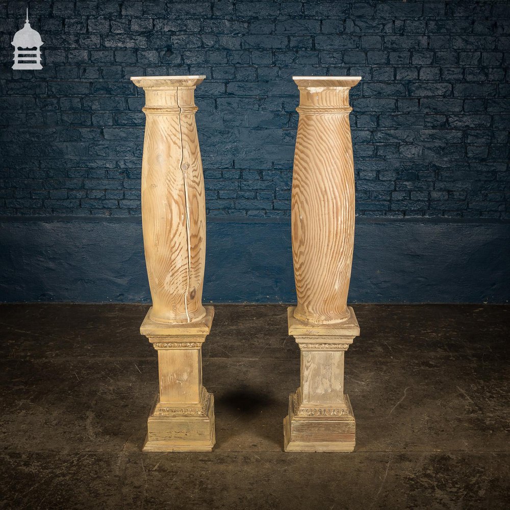 Pair of Marble Topped Pitch Pine Columns Made from Reclaimed Materials