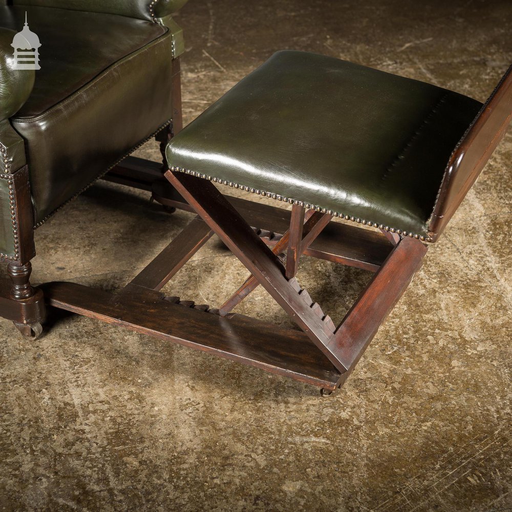 Stunning Mid 19th C Green Leather on Mahogany Frame Reclining Invalids Chair with Retractable Footrest on Castor Wheels