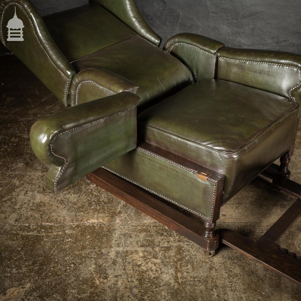 Stunning Mid 19th C Green Leather on Mahogany Frame Reclining Invalids Chair with Retractable Footrest on Castor Wheels