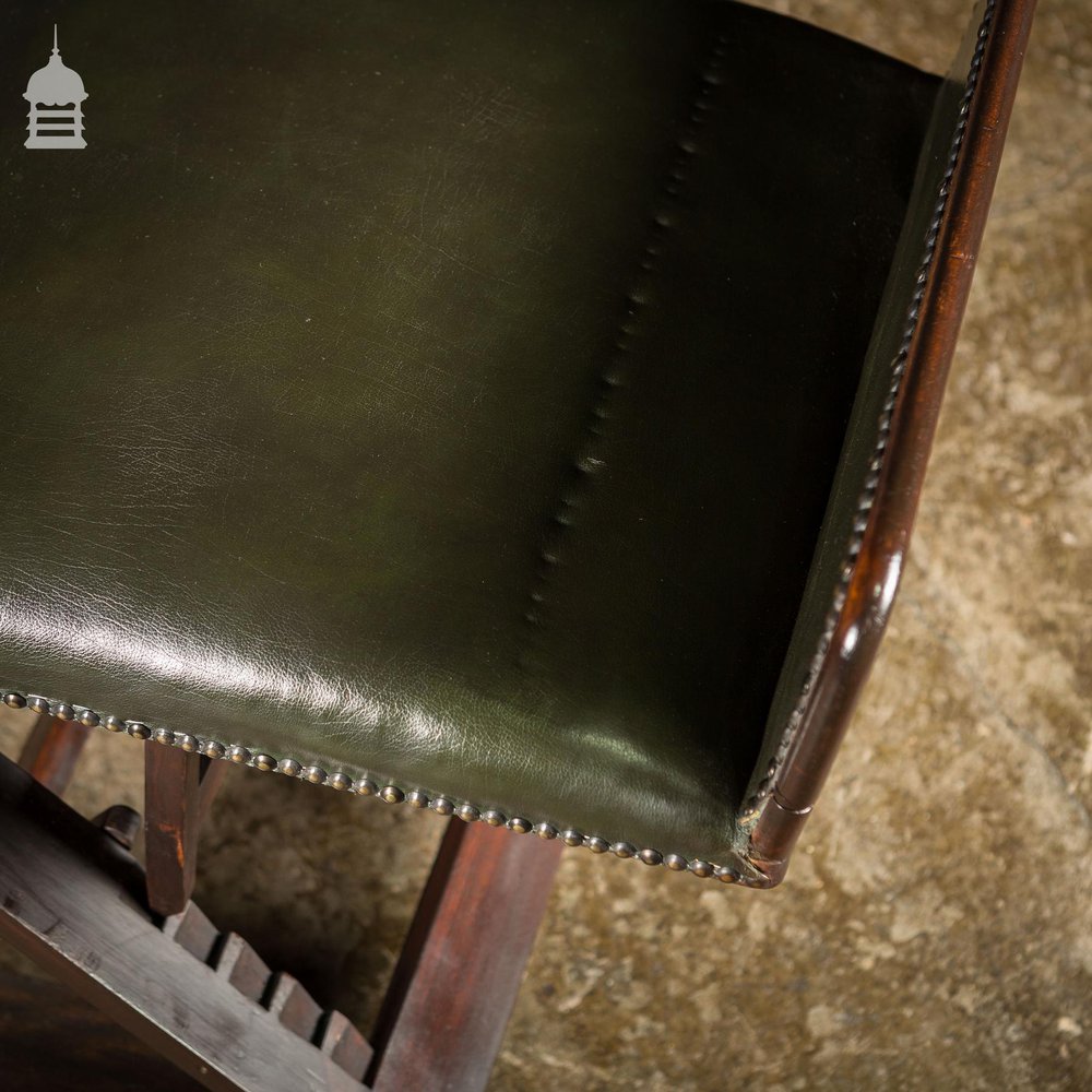 Stunning Mid 19th C Green Leather on Mahogany Frame Reclining Invalids Chair with Retractable Footrest on Castor Wheels