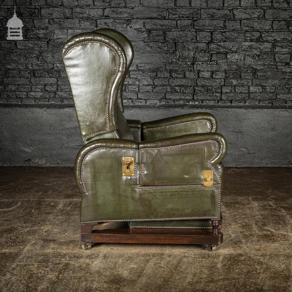 Stunning Mid 19th C Green Leather on Mahogany Frame Reclining Invalids Chair with Retractable Footrest on Castor Wheels