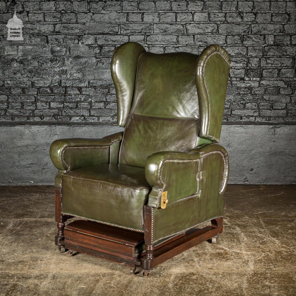 Stunning Mid 19th C Green Leather on Mahogany Frame Reclining Invalids Chair with Retractable Footrest on Castor Wheels