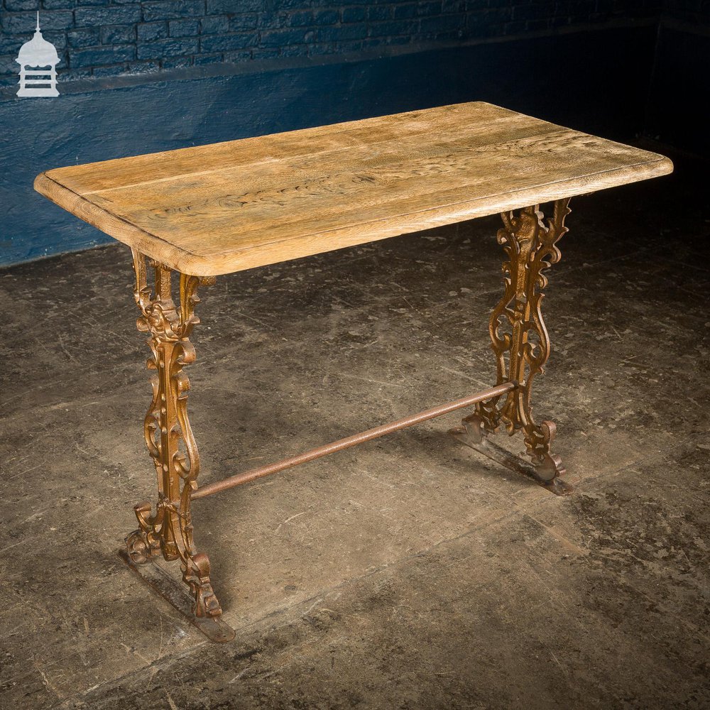 19th C Cast Iron Pub Table Base with Brushed Oak Top