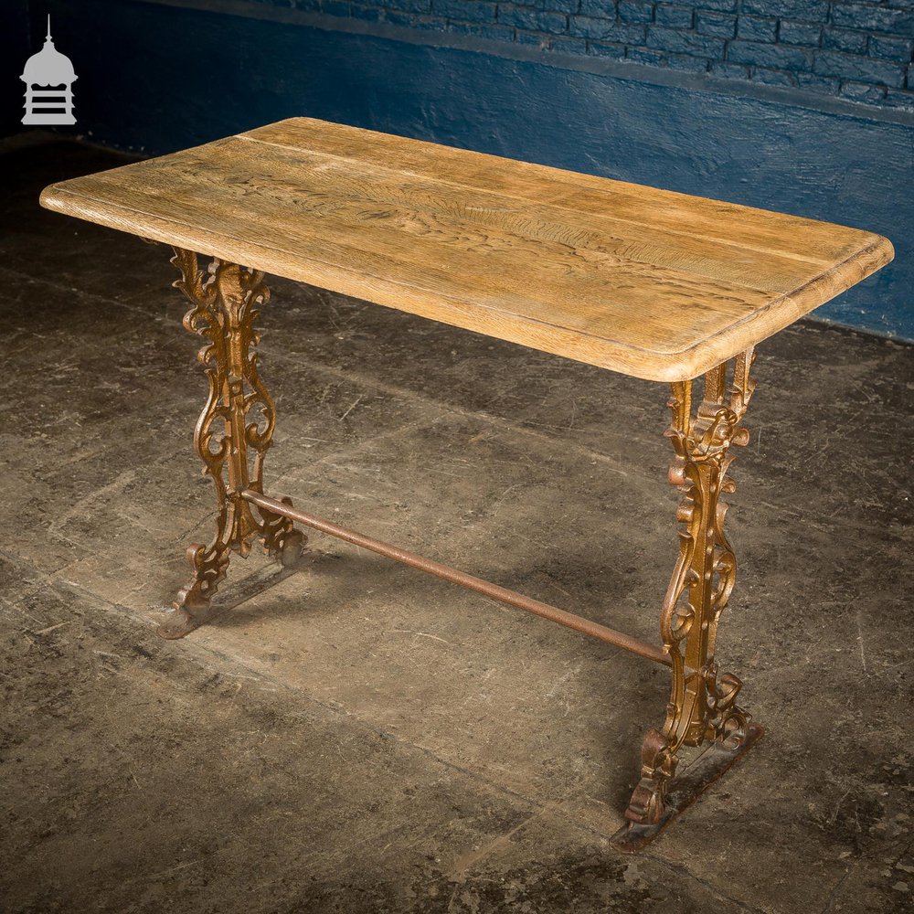 19th C Cast Iron Pub Table Base with Brushed Oak Top