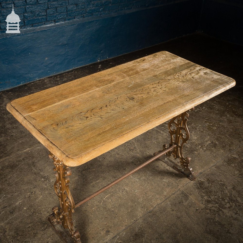 19th C Cast Iron Pub Table Base with Brushed Oak Top