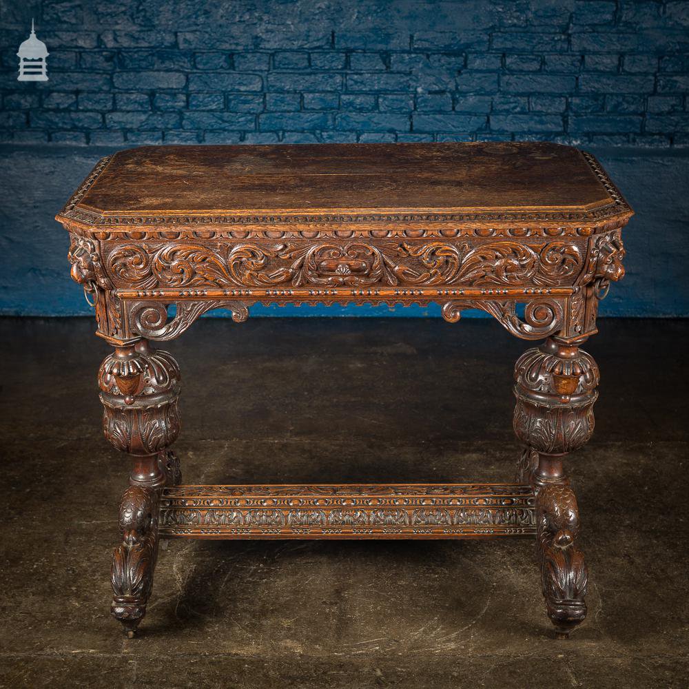 19th C French Renaissance Carved Oak Side Table Complete with Dolphin Base and Whimsical Designs