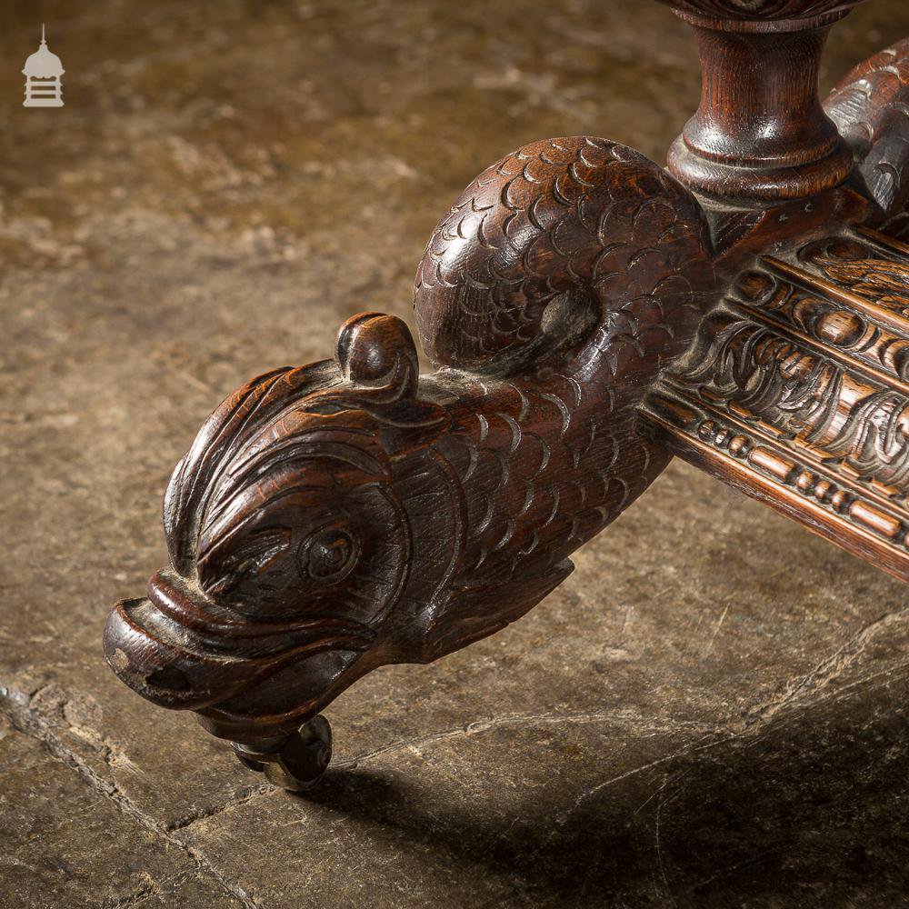 19th C French Renaissance Carved Oak Side Table Complete with Dolphin Base and Whimsical Designs