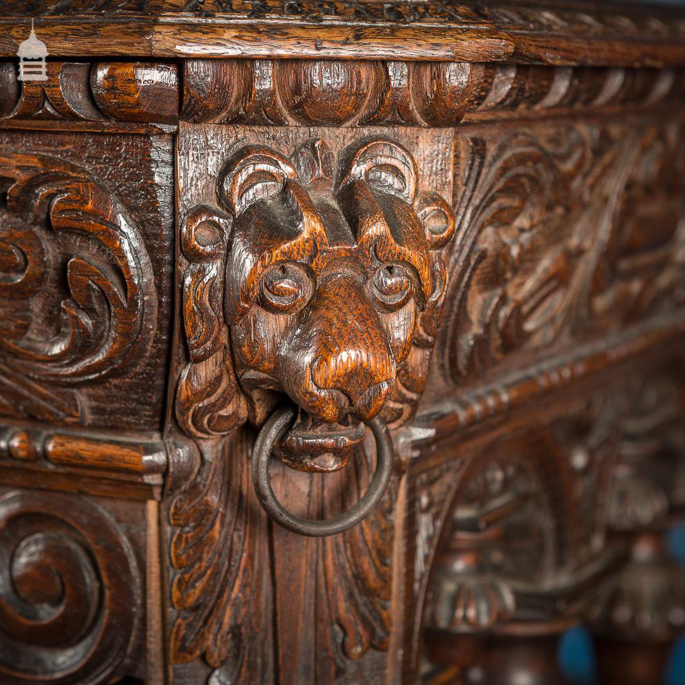 19th C French Renaissance Carved Oak Side Table Complete with Dolphin Base and Whimsical Designs