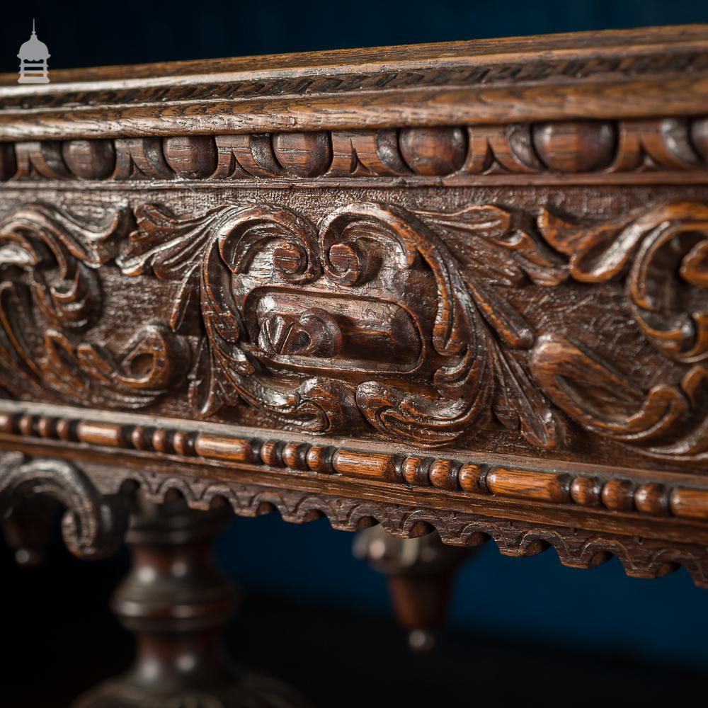 19th C French Renaissance Carved Oak Side Table Complete with Dolphin Base and Whimsical Designs