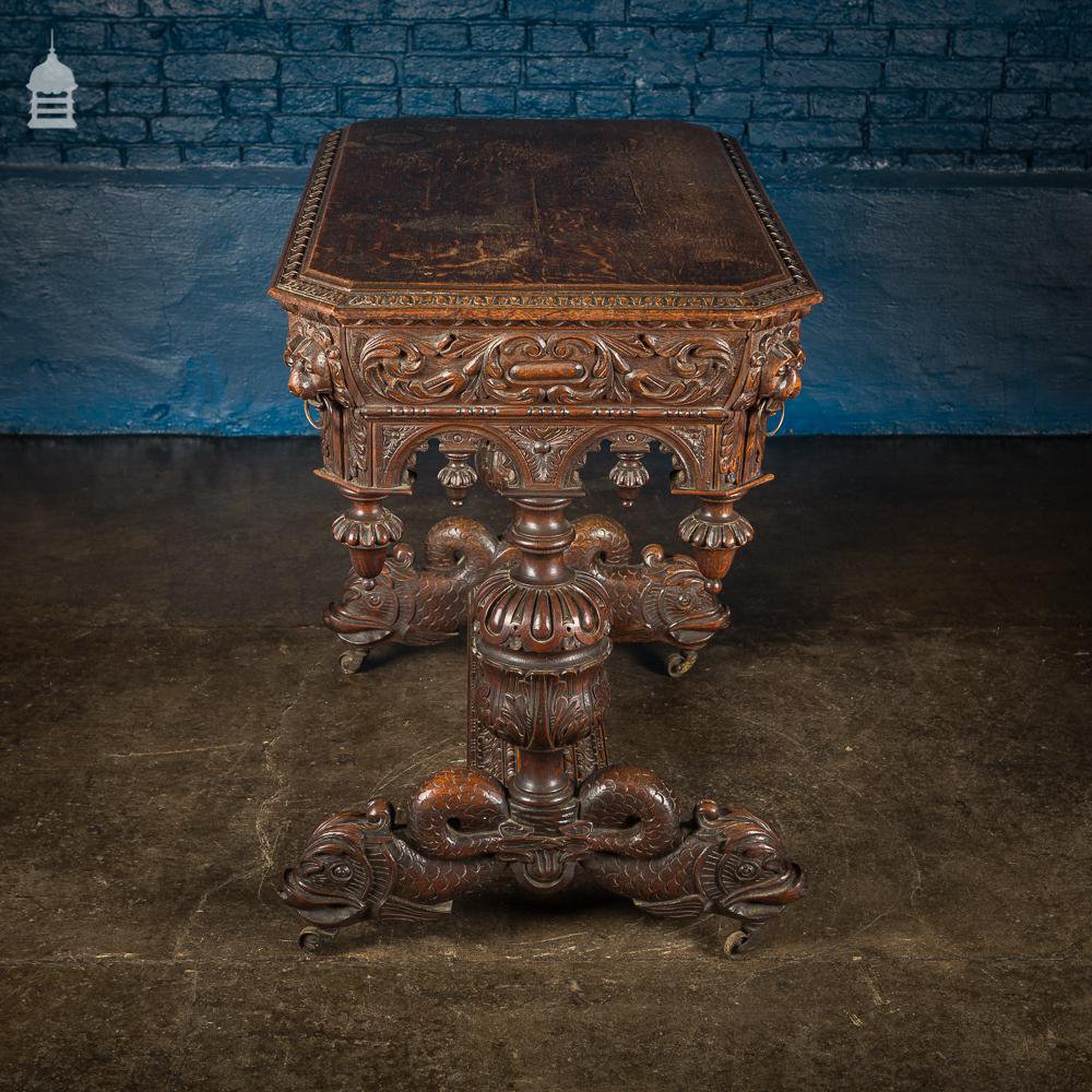 19th C French Renaissance Carved Oak Side Table Complete with Dolphin Base and Whimsical Designs